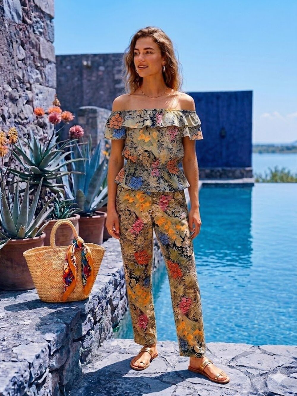 Tropical Outfit Off Shoulder Top & Pants Set Small Bohemian Unique Resortwear